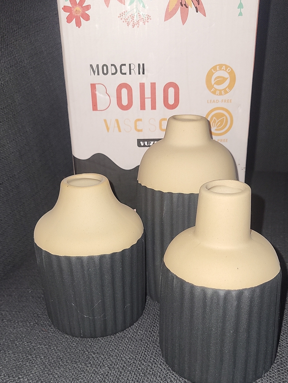 Modern Boho Two-Tone Ceramic Vase Set in Cream and Black - Picture 1 of 5